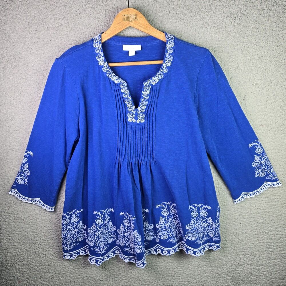 Charter Club Royal Blue Embroidered Cotton Tunic Top Large Boho Casual